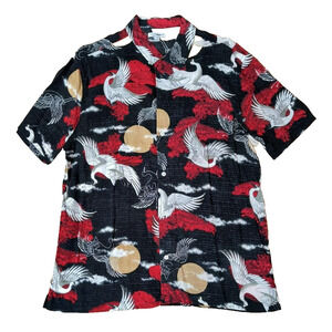 Retro Red Cranes Multicolor Button Down Short Sleeve Collar MEN Med Fashion Nova